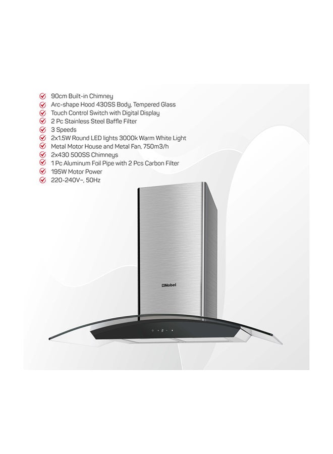 Nobel - 90Cm Built-In Hoods With 3 Speeds, Touch Control, Digital Display, Aluminum Foil Pipe With Carbon Filter, Stainless Steel Baffle Filter Nobel NCH90CG Silver - Image 1