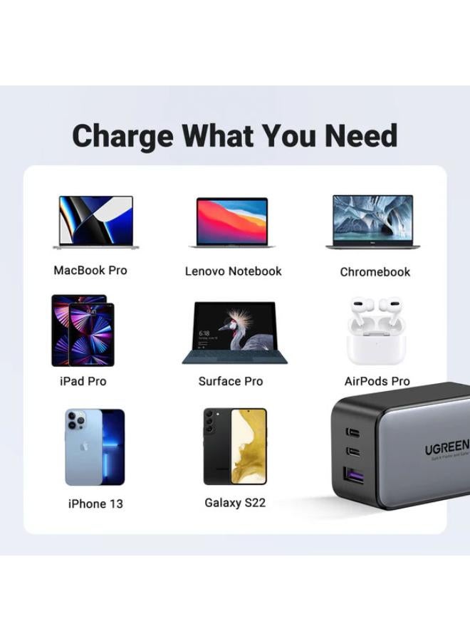 Ugreen - 65W Gan Fast Charger 3 port USB-C Charger , 2 Type -C and 1 USB-A with Compact & Foldable Design for iPhone 16/15/14 Series, Samsung S23,S24 MacBook Air, Pixelbook, iPad Pro, & More Black - Image 1