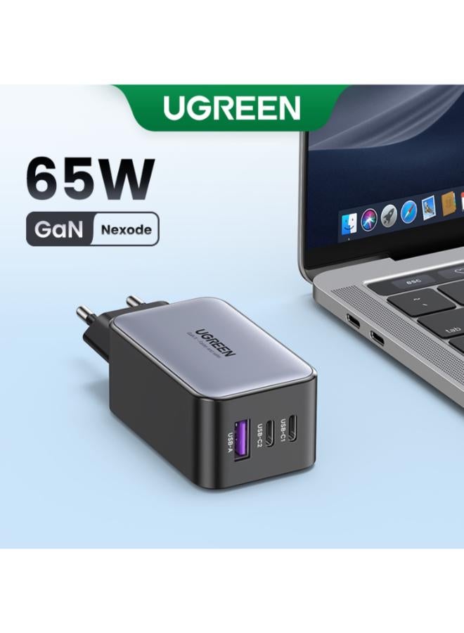 Ugreen - 65W Gan Fast Charger 3 port USB-C Charger , 2 Type -C and 1 USB-A with Compact & Foldable Design for iPhone 16/15/14 Series, Samsung S23,S24 MacBook Air, Pixelbook, iPad Pro, & More Black - Image 1