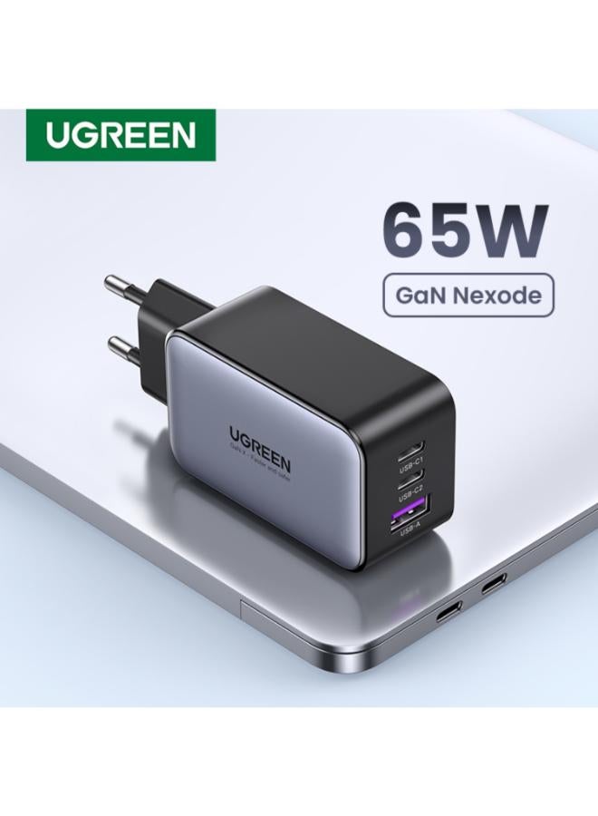 Ugreen - 65W Gan Fast Charger 3 port USB-C Charger , 2 Type -C and 1 USB-A with Compact & Foldable Design for iPhone 16/15/14 Series, Samsung S23,S24 MacBook Air, Pixelbook, iPad Pro, & More Black - Image 1