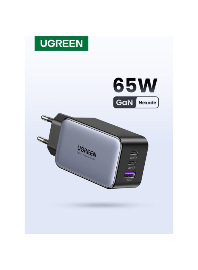 Ugreen - 65W Gan Fast Charger 3 port USB-C Charger , 2 Type -C and 1 USB-A with Compact & Foldable Design for iPhone 16/15/14 Series, Samsung S23,S24 MacBook Air, Pixelbook, iPad Pro, & More Black - Image 1