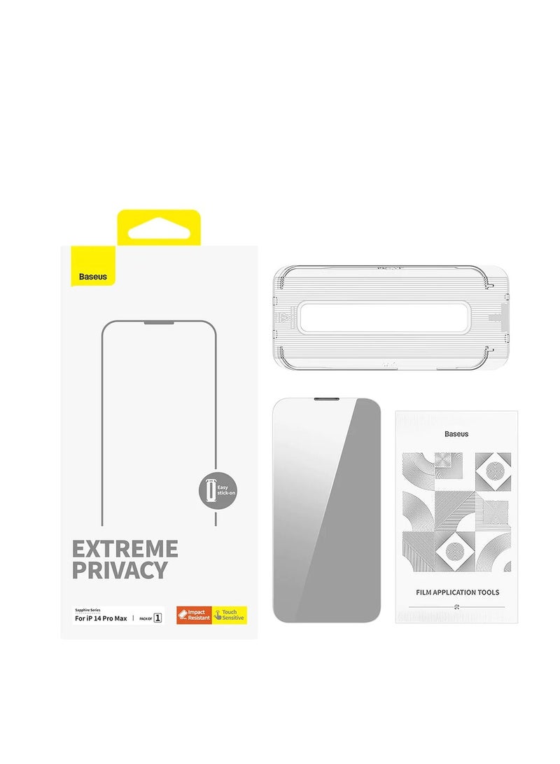 Baseus OS-Baseus Sapphire Series Privacy Protection Tempered Glass Screen Protector (with Dust Filter) for iP 13 Pro Max/14 Plus,  (Pack of 1, with cleaning kit and dust-proof installation tool) Clear  - Image 1