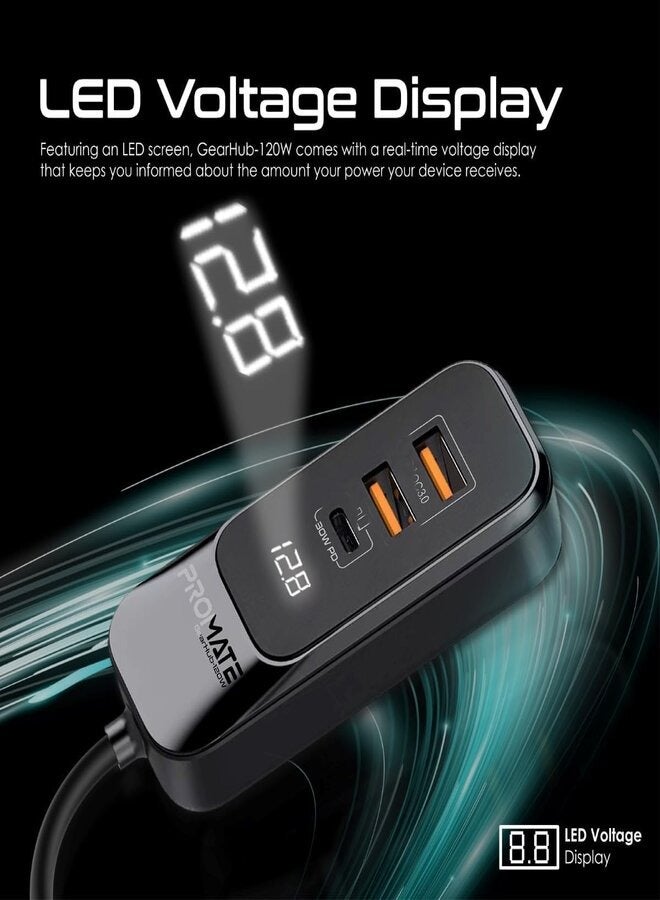PROMATE Car Charger, Premium 120W DC Charger With Extended Fast-Charging Hub, Dual USB-C Power Delivery Ports, USB-A Ports And 1.5M Long Cable Compatible For iPhone 15, iPad, GearHub-120W Black - Image 4