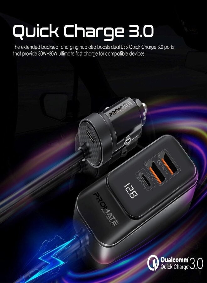 PROMATE Car Charger, Premium 120W DC Charger With Extended Fast-Charging Hub, Dual USB-C Power Delivery Ports, USB-A Ports And 1.5M Long Cable Compatible For iPhone 15, iPad, GearHub-120W Black - Image 5