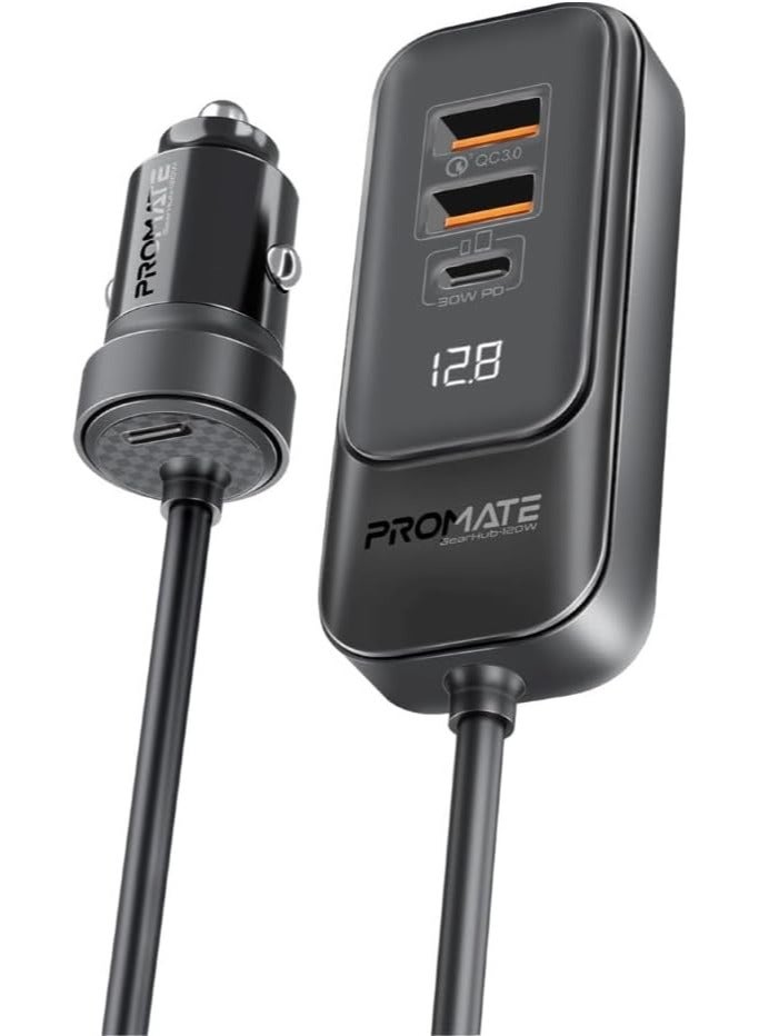 PROMATE Car Charger, Premium 120W DC Charger With Extended Fast-Charging Hub, Dual USB-C Power Delivery Ports, USB-A Ports And 1.5M Long Cable Compatible For iPhone 15, iPad, GearHub-120W Black - Image 1