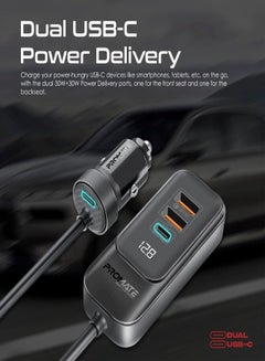 PROMATE Car Charger, Premium 120W DC Charger With Extended Fast-Charging Hub, Dual USB-C Power Delivery Ports, USB-A Ports And 1.5M Long Cable Compatible For iPhone 15, iPad, GearHub-120W Black  - Image 3