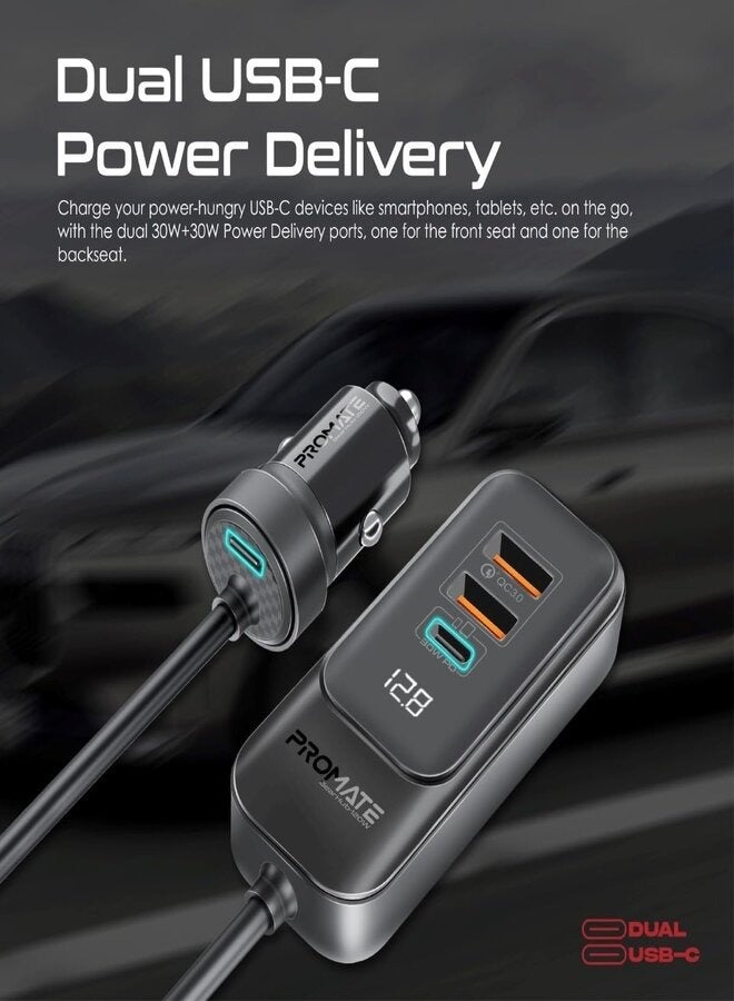 PROMATE Car Charger, Premium 120W DC Charger With Extended Fast-Charging Hub, Dual USB-C Power Delivery Ports, USB-A Ports And 1.5M Long Cable Compatible For iPhone 15, iPad, GearHub-120W Black - Image 3