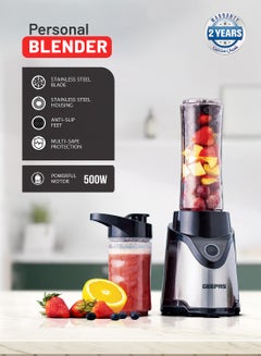 GEEPAS Personal Blender | Stainless Steel Blade - Safety Lock, 570ml & 400ml BPA-Free Tritan Jar, Multi- Safe Protection, Abs Plastic Housing 500 W GSB44075 Black  - Image 2