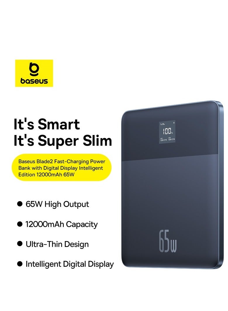 12000 mAh Power Bank 65W, Slim Design Fast-Charging PowerBank Portable Laptop Charger With 2-USB-C Port (In/Out) Smart Digital Display For MacBook/Dell/iPad For iPhone 15 Series/Samsung S23/iPad Blue