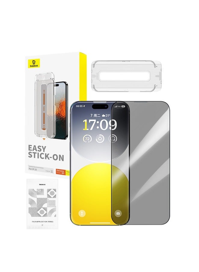 Baseus OS-Baseus Sapphire Series Privacy Protection Tempered Glass Screen Protector (with Built-in Dust Filter) for iP 15, Clear (Pack of 1, with cleaning kit and dust-proof installation tool) Clear  - Image 1