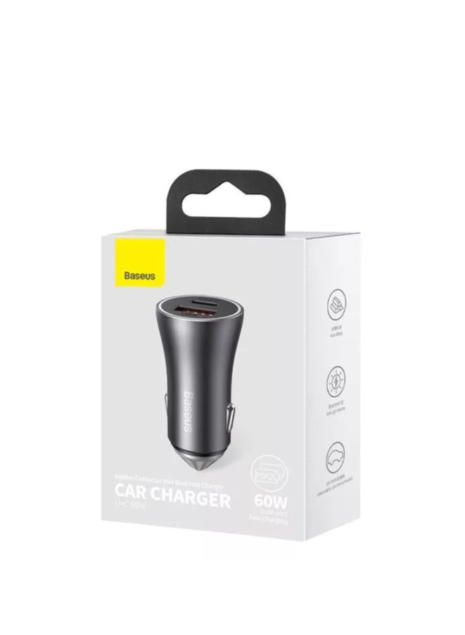 Baseus Golden Contactor Max Dual Fast Charger Car Charger U+C 60W Dark Grey - Image 1