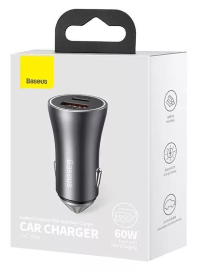 بيسوس شاحن سيارة Baseus Golden Contactor Max Dual Fast Charger U+C 60W، رمادي داكن - Image 1