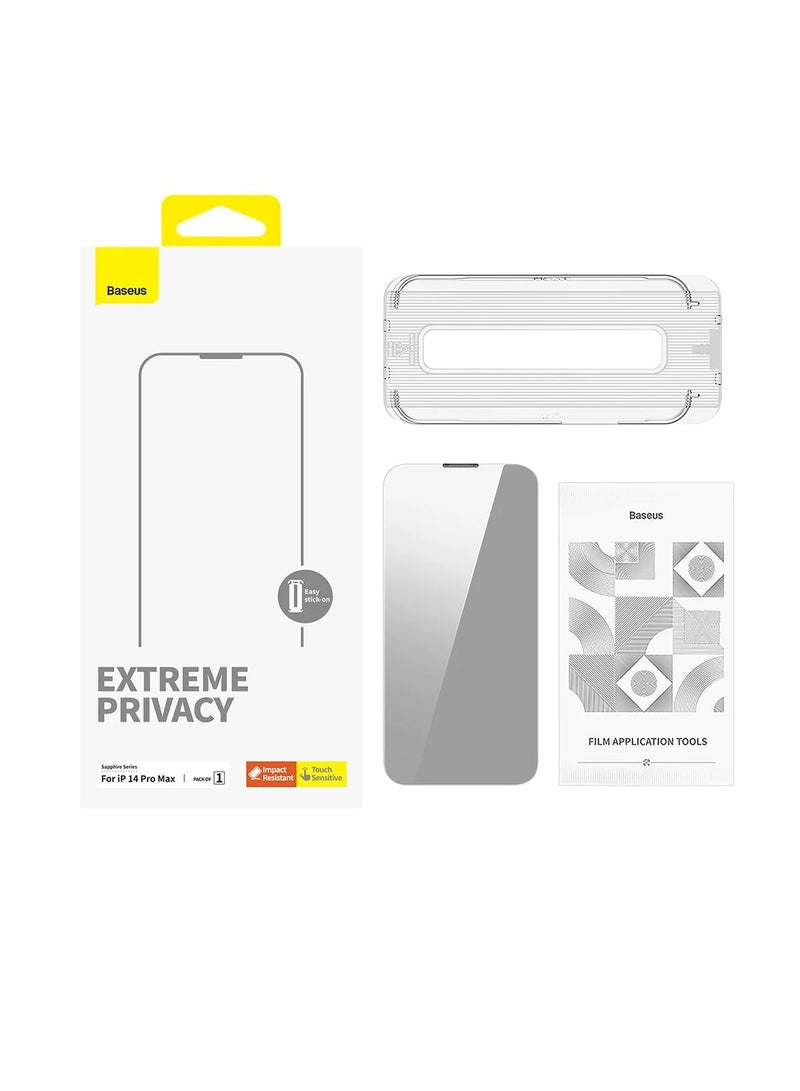 Baseus OS-Baseus Sapphire Series Privacy Protection Tempered Glass Screen Protector (with Dust Filter) for iP 14 Pro, (Pack of 1, with cleaning kit and dust-proof installation tool) Clear  - Image 1