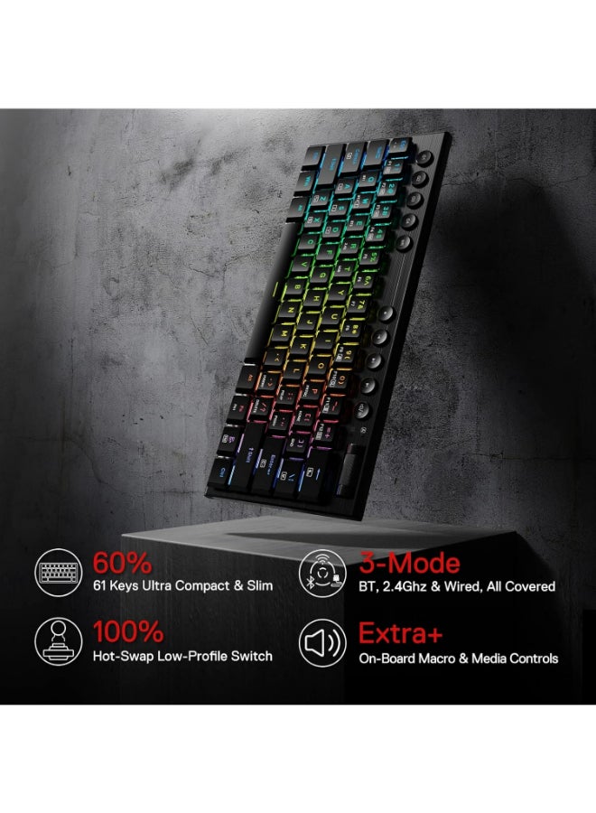 ريدراجون - Redragon K632 PRO Noctis 60% لوحة مفاتيح ميكانيكية RGB لاسلكية، بلوتوث/2.4 جيجا هرتز/لوحة مفاتيح سلكية ثلاثية الوضع رفيعة للغاية ومنخفضة للألعاب - Image 1