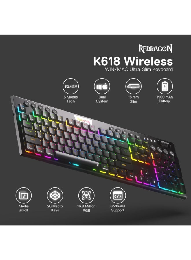 REDRAGON K618 Horus Wireless RGB Mechanical Keyboard, Bluetooth/2.4Ghz/Wired Tri-Mode Ultra-Thin Low Profile Gaming Keyboard w/No-Lag Cordless Connection, Dedicated Media Control & Linear Red Switch - Image 2