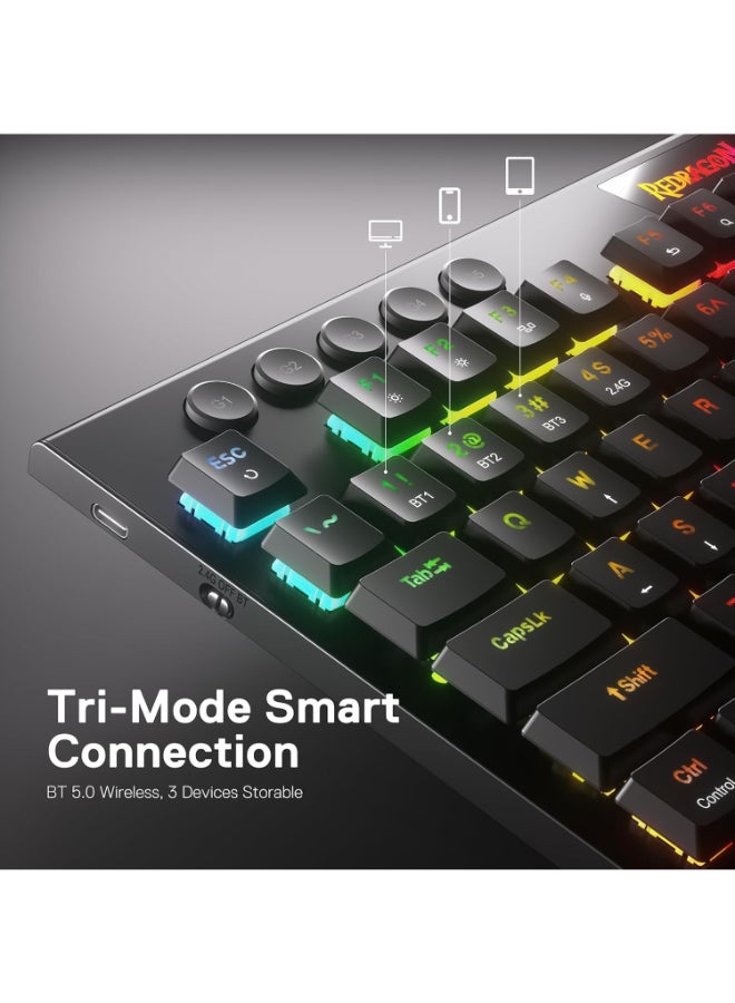 REDRAGON K618 Horus Wireless RGB Mechanical Keyboard, Bluetooth/2.4Ghz/Wired Tri-Mode Ultra-Thin Low Profile Gaming Keyboard w/No-Lag Cordless Connection, Dedicated Media Control & Linear Red Switch - Image 4