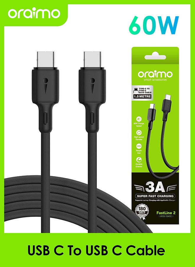 Oraimo Type C To Type C Cable,3A Fast Charging Cable for Smartphones, Tablets, Laptops And other Type C devices,multifunctional cable 1.5 Mtr long Black - Image 1
