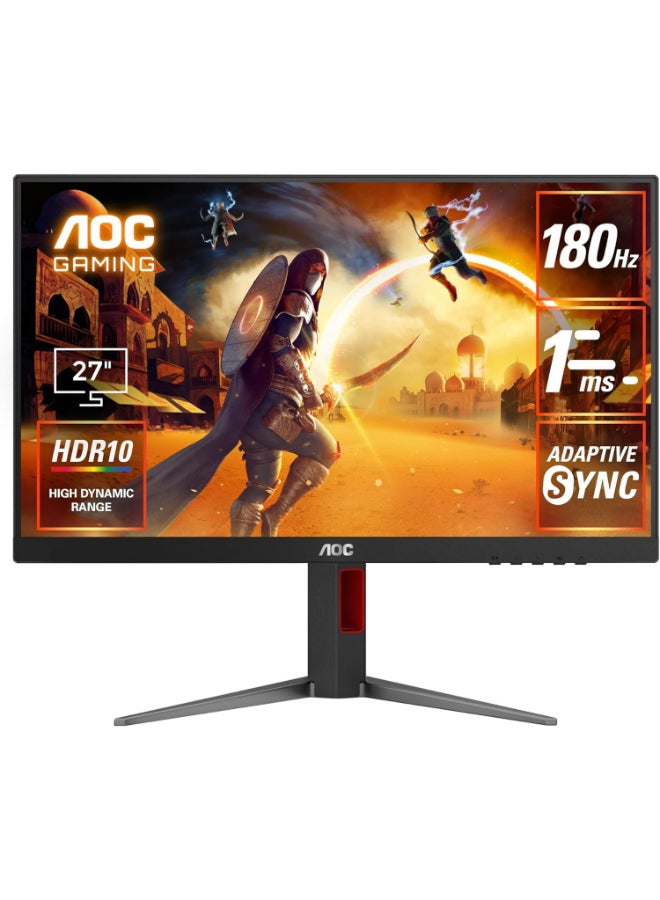 AOC - Q27G4/89 27" (68.5CM) Ergo Gaming Monitor, 1 MS ,180HZ, 2K QHD,IPS FLAT, ADAPTIVE-SYNC, DISPLAYHDR 400, HDMI & DP Black - Image 1