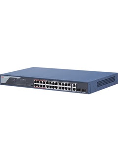 DS-3E1326P-EI 24 Port Fast Ethernet Smart POE Switch, 24 × 100 Mbps PoE RJ45 ports, 2 × gigabit combos, AF/AT camera can reach up to 300 METER in extend mode. Blue