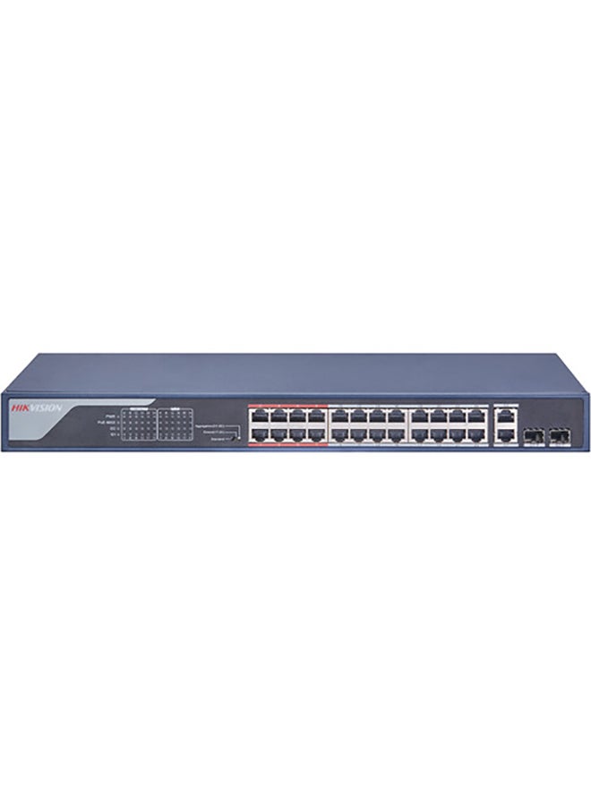 HIKVISION - DS-3E1326P-EI 24 Port Fast Ethernet Smart POE Switch, 24 × 100 Mbps PoE RJ45 ports, 2 × gigabit combos, AF/AT camera can reach up to 300 METER in extend mode. Blue - Image 1