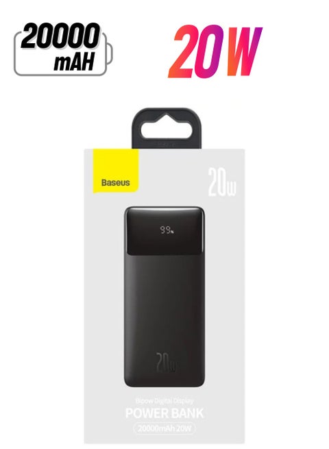 20000 مللي أمبير في الساعة Baseus Bipow Digital Display Fast Charge Power Bank 20000 مللي أمبير في الساعة 20 وات إصدار خارجي - مع كابل شحن سلسلة بسيطة USB إلى Micro 25 سم أسود - أسود