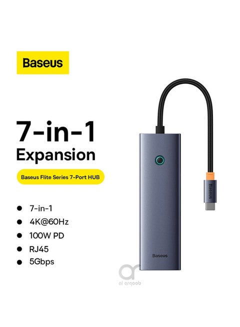 OS-Baseus UltraJoy Series 7-Port HUB Docking Station Space Grey（Type-C to HDMI4K@60Hz*1+USB3.0*2+PD*1+RJ45*1+SD/TF3.0*1） Grey