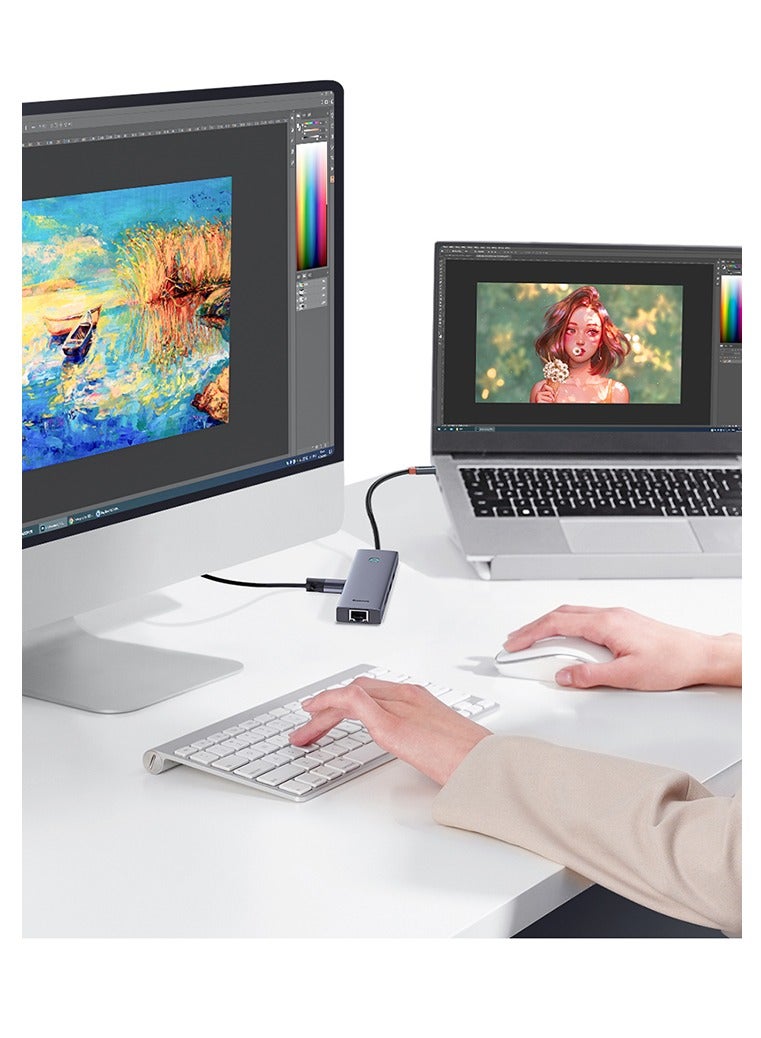 OS-Baseus UltraJoy Series 7-Port HUB Docking Station Space Grey（Type-C to HDMI4K@60Hz*1+USB3.0*2+PD*1+RJ45*1+SD/TF3.0*1） Grey