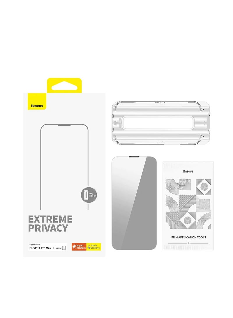 Baseus OS-Baseus Sapphire Series Privacy Protection Tempered Glass Screen Protector (with Dust Filter) for iP 14 Pro Max, Clear (Pack of 1, with cleaning kit and dust-proof installation tool) Clear  - Image 1