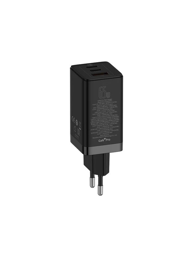 Baseus - Baseus GaN5 Pro Fast Charger 2C+U 65W  EU  (Include：Baseus Xiaobai series fast charging Cable Type-C  to Type-C 100W(20V/5A) 1m Black） Black - Image 1