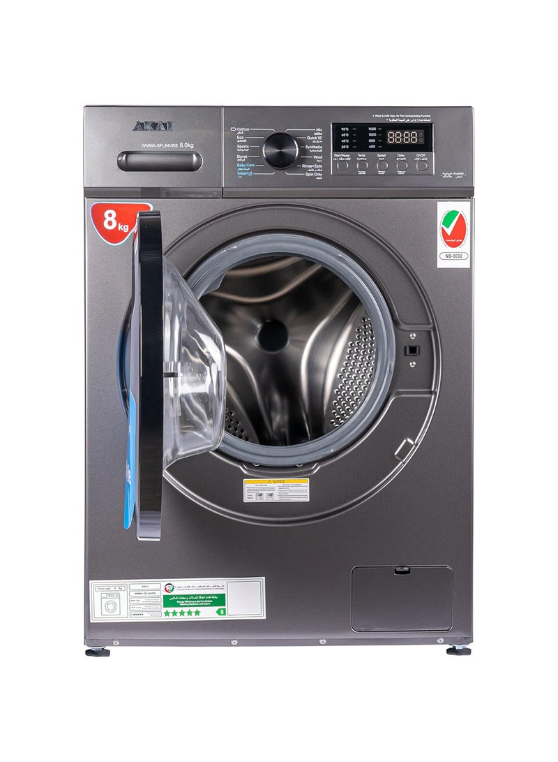 AKAI - 8 Kg  Front Loader Washing Machine with Inverter Technology Huge Drum Variable 1400 Spin Speed RPM Digital Display Quick Wash Steam 8 kg 1750 W WMMA-SFL84VBS Titanium - Image 1
