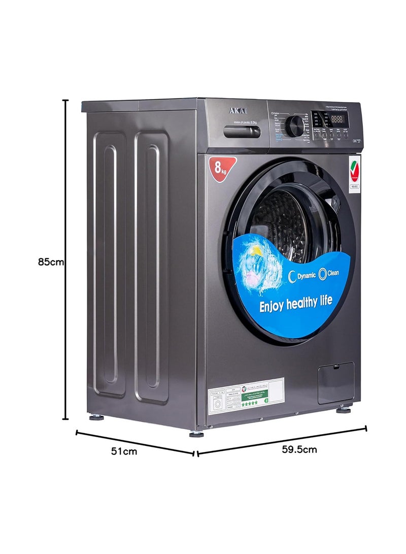 AKAI - 8 Kg  Front Loader Washing Machine with Inverter Technology Huge Drum Variable 1400 Spin Speed RPM Digital Display Quick Wash Steam 8 kg 1750 W WMMA-SFL84VBS Titanium - Image 1