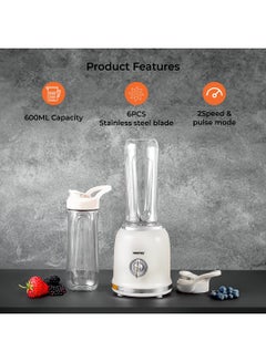 GEEPAS Personal Blender With 2 Speed & Pulse Mode , 6 Pcs Stainless Steel Blades, 2 Pcs BPA Free Tritan Bottles, AC Motor, PP Housing, Non Slipping Foot 0.6 L 300 W GSB44113 White  - Image 2