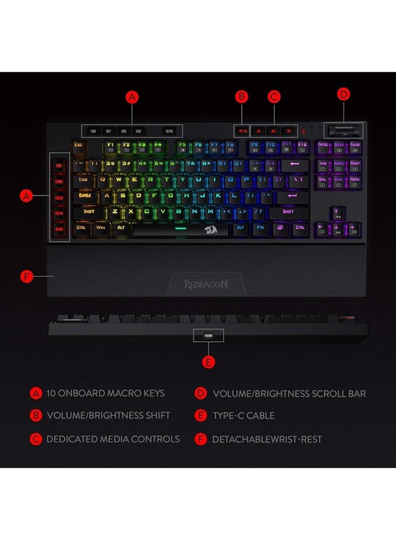 REDRAGON - K596 VISHNU 3 Modes RGB Mechanical Gaming Keyboard, 87 Keys TKL Compact Keyboard with 2400 mAh Battery - Image 1