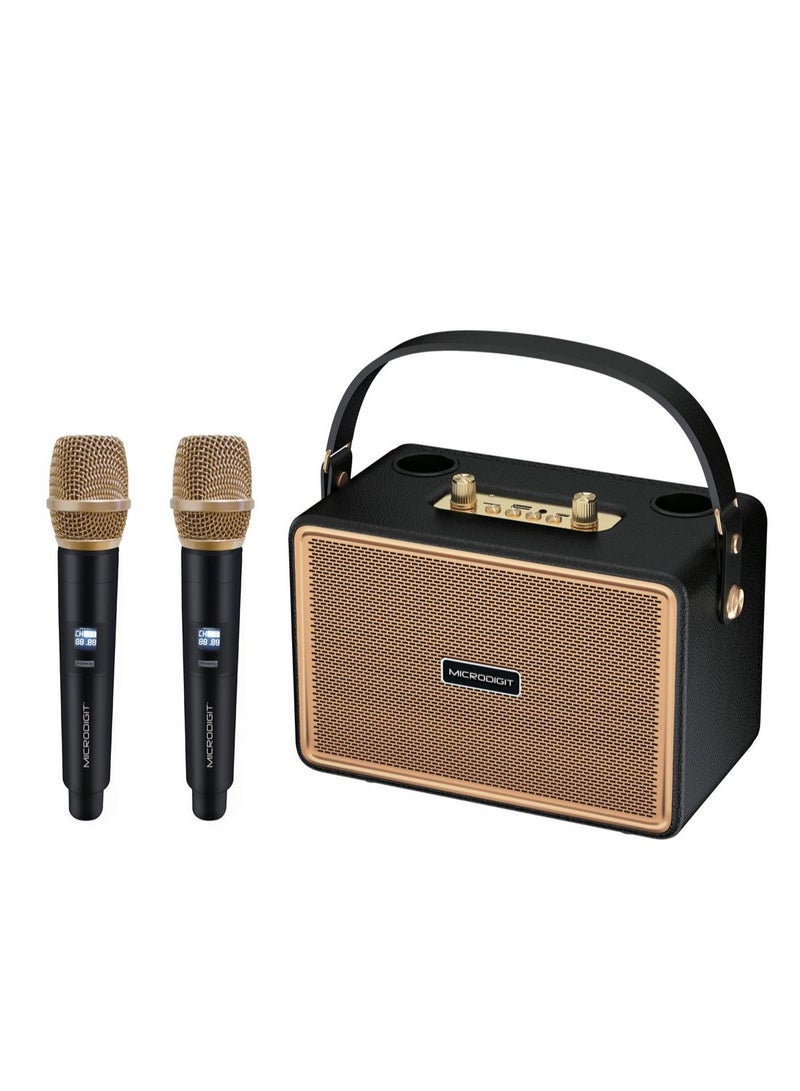 ميكرو ديجيت مكبر صوت بلوتوث محمول مع 2 ميكروفون لاسلكي مع صوت فائق ومدخل صوت متعدد الأجهزة باللون الأسود - Image 2