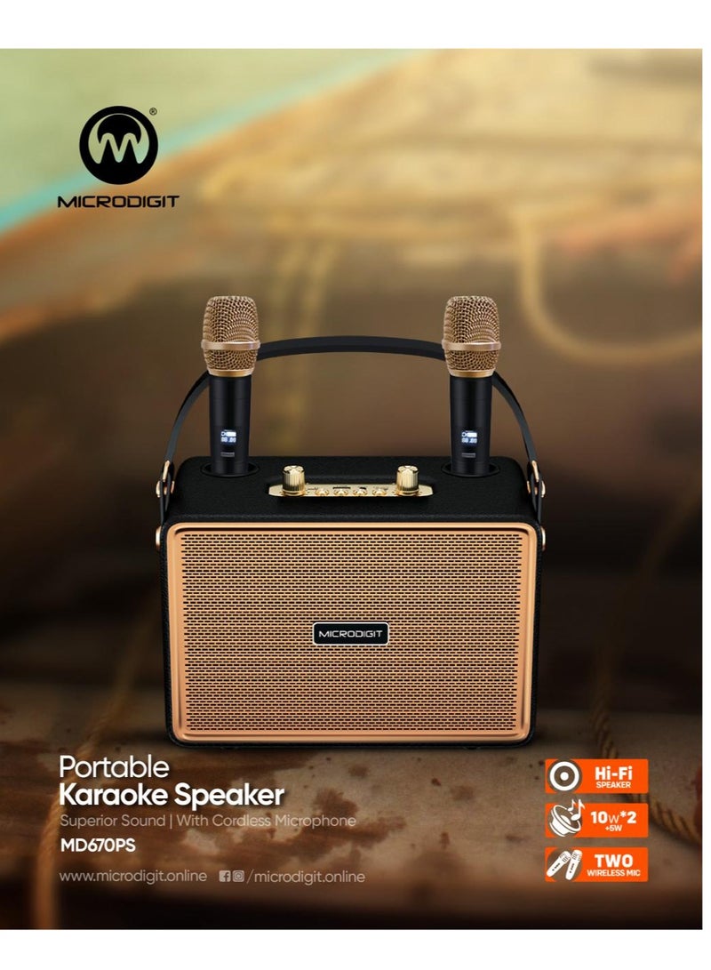 ميكرو ديجيت مكبر صوت بلوتوث محمول مع 2 ميكروفون لاسلكي مع صوت فائق ومدخل صوت متعدد الأجهزة باللون الأسود - Image 3