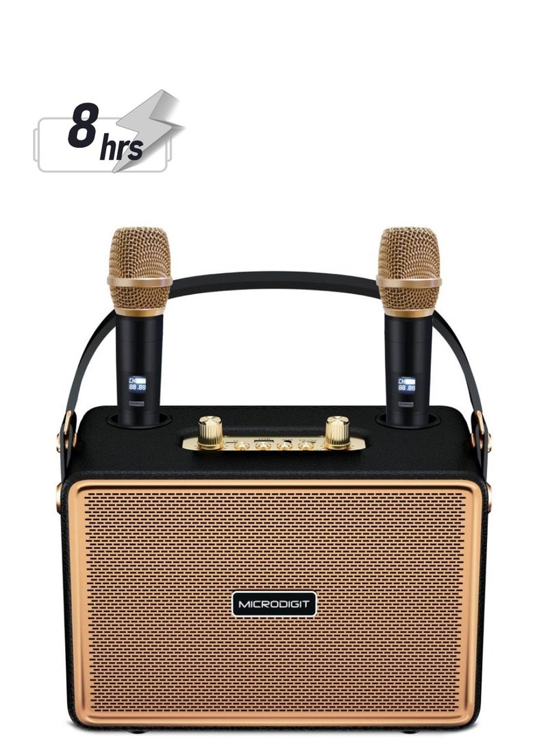 ميكرو ديجيت مكبر صوت بلوتوث محمول مع 2 ميكروفون لاسلكي مع صوت فائق ومدخل صوت متعدد الأجهزة باللون الأسود - Image 1