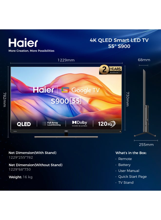 هاير - تلفزيون جوجل 55 بوصة QLED 4K HDR UHD 120 هرتز H55S900UX أسود - Image 1