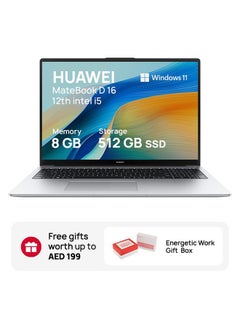 كمبيوتر محمول Matebook D16 بشاشة عرض كاملة مقاس 16 بوصة مريحة للعين، ونحيف للغاية، ومعالج Core i5-12450H/ذاكرة وصول عشوائي سعة 8 جيجابايت/محرك أقراص SSD سعة 512 جيجابايت/نظام تشغيل Windows 11 / لوحة مفاتيح باللغة الإنجليزية + صندوق هدايا + حامل كمبيوتر محمول