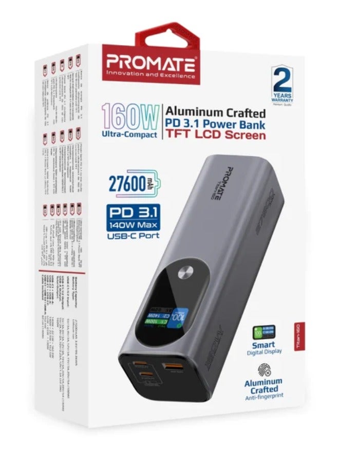 PROMATE - 27600 mAh Power Bank, Ultra-Slim Portable Charger with 160W Power Delivery, Smart TFT LCD Display, USB-A™ QC 3.0, Dual USB-C™ 3.1 Input/Output Ports, and Charge Protection, Titan-160 Grey - Image 1