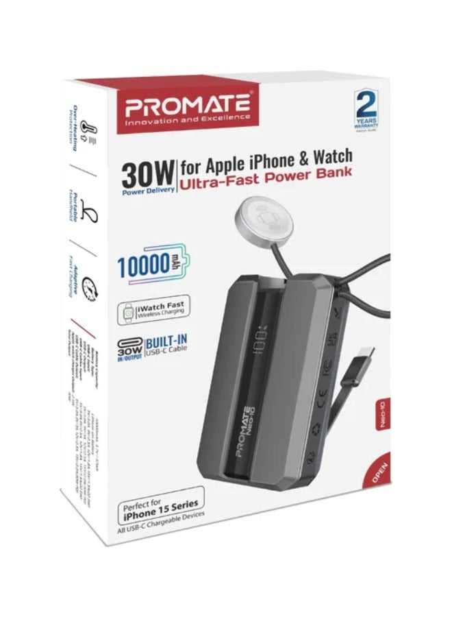 PROMATE 10000 mAh Power Bank, Ultra-Compact Portable Power Pack with Built-In 30W USB-C™ Cable, USB-C™ Power Delivery Port, Apple Grey  - Image 5