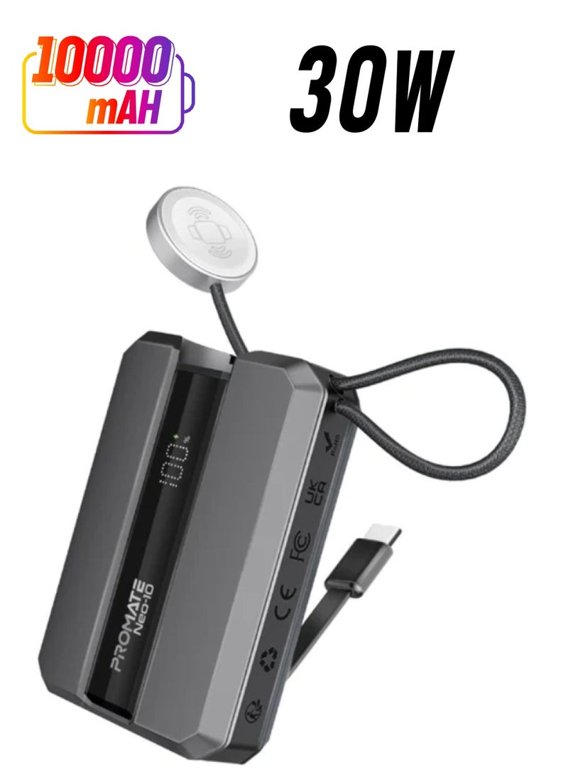 PROMATE 10000 mAh Power Bank, Ultra-Compact Portable Power Pack with Built-In 30W USB-C™ Cable, USB-C™ Power Delivery Port, Apple Grey  - Image 1