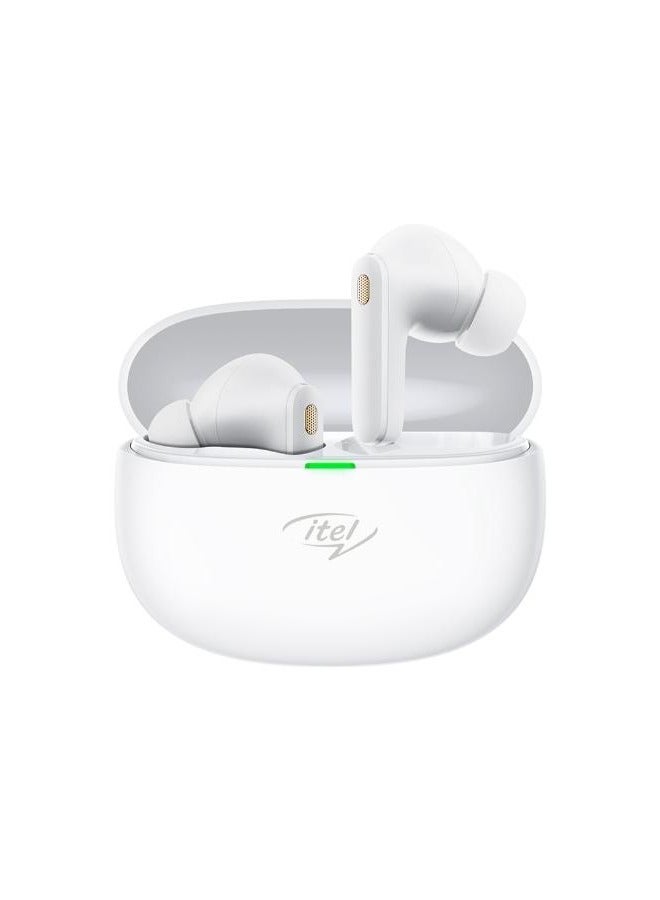 إيتيل - سماعات أذن itel T11 لاسلكية حقًا مع وقت تشغيل 40 ساعة، ميكروفون رباعي ENC، IPX5، مشغلات تعزيز الجهير 10 مم، إصدار BT 5.3، شحن سريع (أبيض) - Image 1