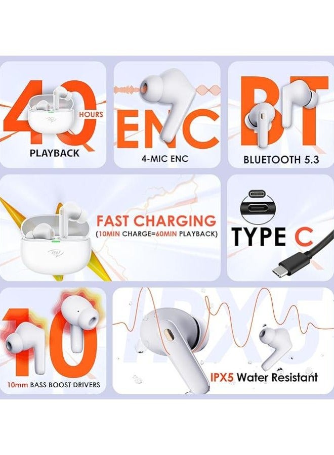 إيتيل - سماعات أذن itel T11 لاسلكية حقًا مع وقت تشغيل 40 ساعة، ميكروفون رباعي ENC، IPX5، مشغلات تعزيز الجهير 10 مم، إصدار BT 5.3، شحن سريع (أبيض) - Image 1