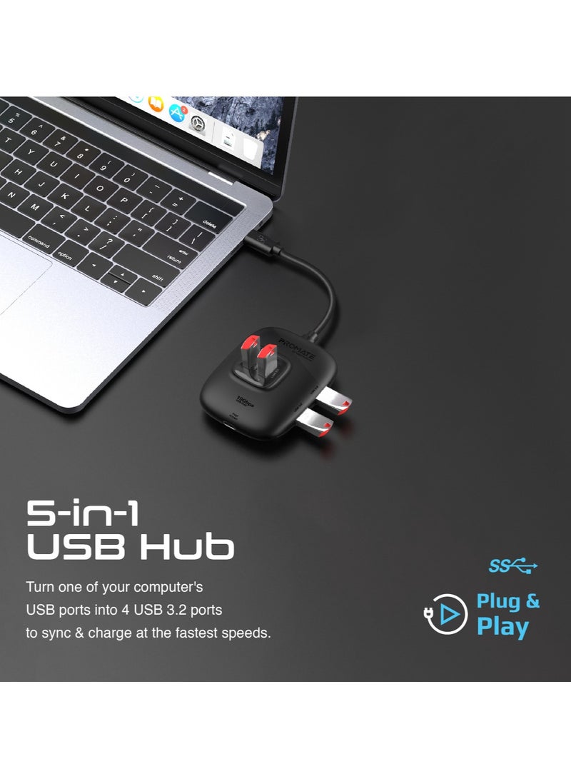 PROMATE USB-C Hub, 5-in-1 Type-C™ Sync/Charge Adapter with USB-A Adapter, 100W USB-C™ Power Delivery Port, 10Gbps 4 USB 3.2 Ports, and Compact Design for MacBook Pro, Samsung Chromebook Plus Black  - Image 2