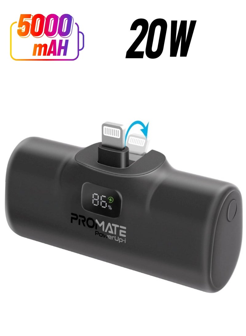 PROMATE - 5000 mAh Power Bank, Ultra-Compact Portable Charger With Built-In 20W Foldable Lightning Connecter, 20W USB-C Power Delivery Port, LED Screen And Foldable Kickstand For iPhone 15/14/13/12, PowerUp-i Black - Image 1