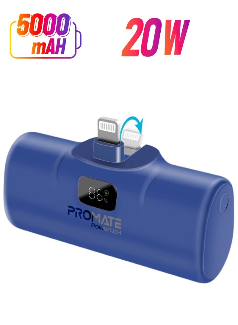 PROMATE 5000 mAh Power Bank, Ultra-Compact Portable Charger With Built-In 20W Foldable Lightning Connecter, 20W USB-C Power Delivery Port, LED Screen And Foldable Kickstand For iPhone 15/14/13/12, PowerUp-i Blue  - Image 1
