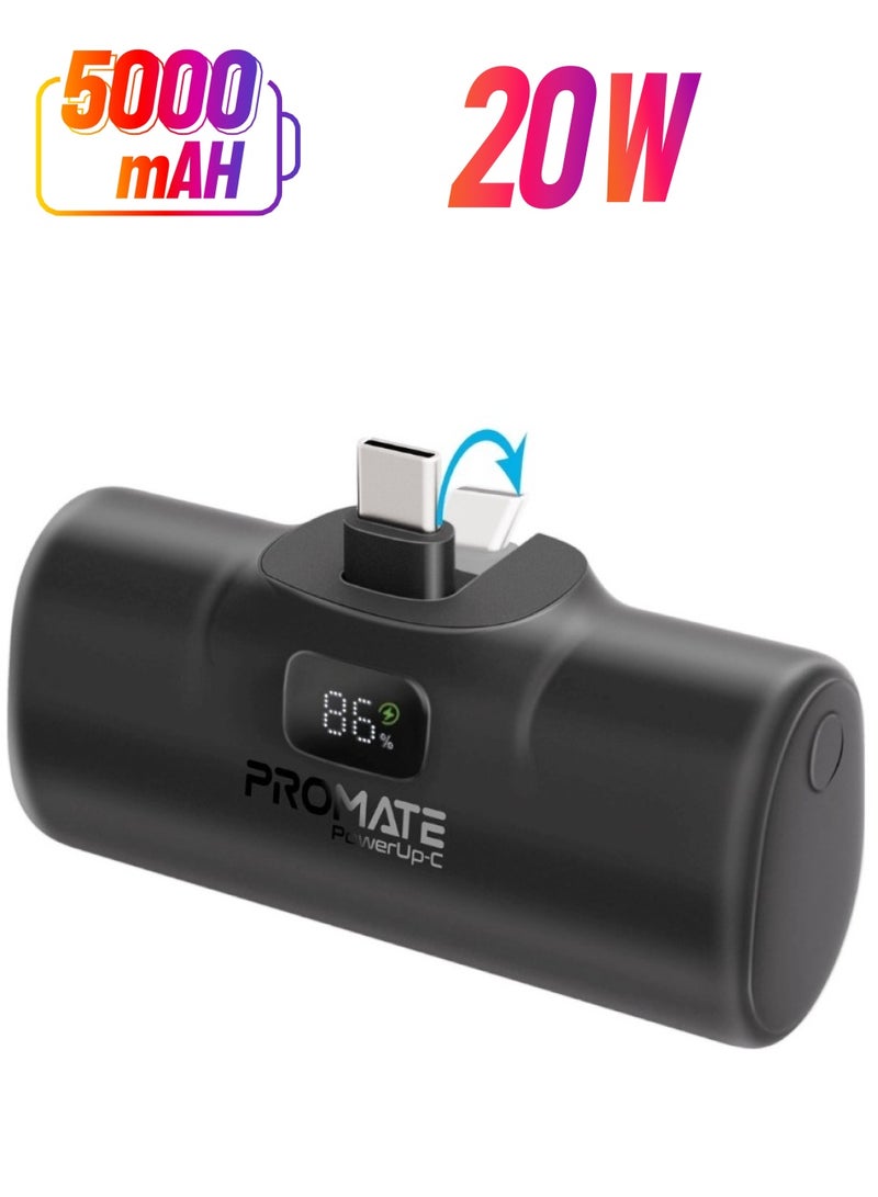 PROMATE 5000 mAh Power Bank, Ultra-Compact Portable Charger With Built-In 20W Foldable USB-C Connecter, 20W USB-C Power Delivery Port, LED Screen And Foldable Kickstand For iPhone 15, Galaxy S23, PowerUp-C Black  - Image 1