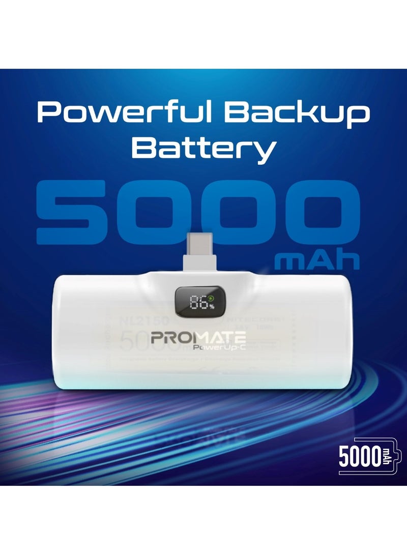 PROMATE - 5000 mAh 5000 mAh Power Bank, Ultra-Compact Portable Charger With Built-In 20W Foldable USB-C Connecter, 20W USB-C Power Delivery Port, LED Screen And Foldable Kickstand For iPhone 16, Galaxy S25, PowerUp-C - White - Image 1