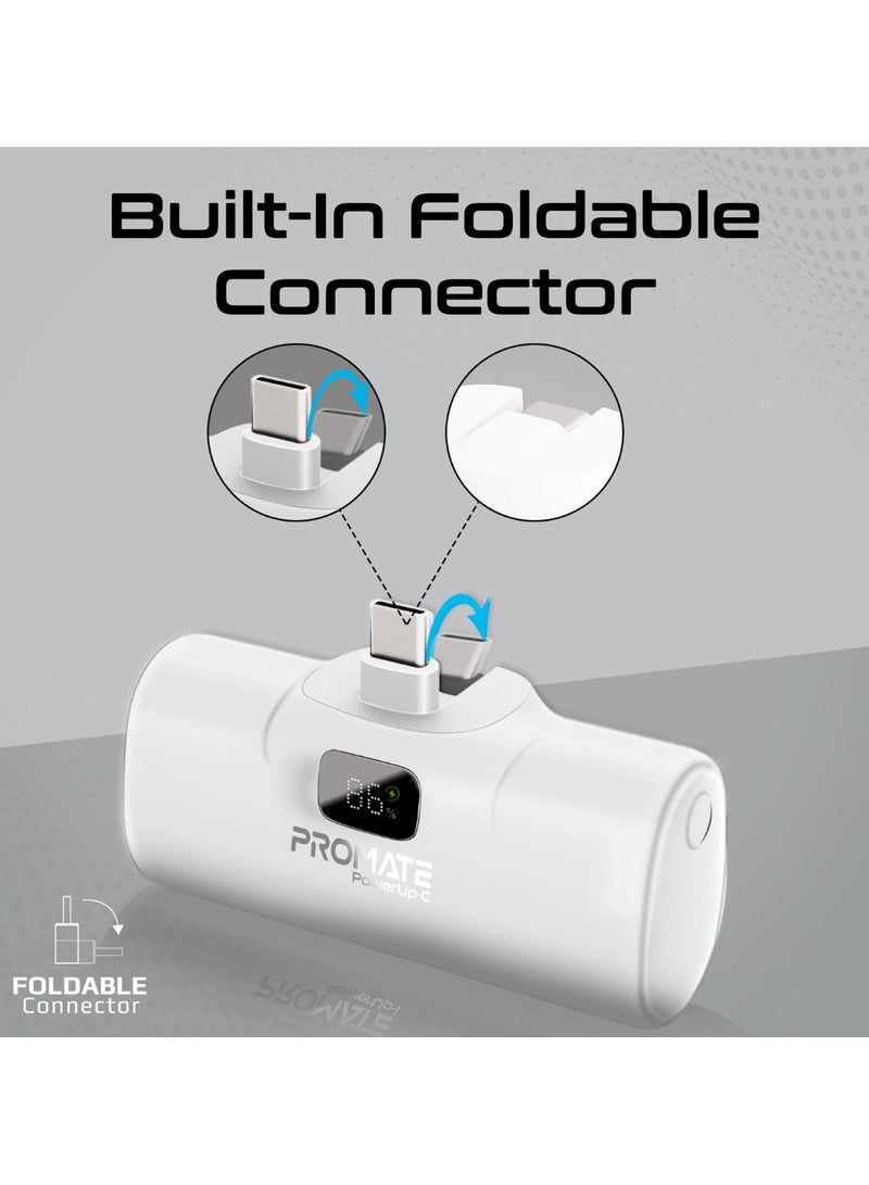 PROMATE - 5000 mAh 5000 mAh Power Bank, Ultra-Compact Portable Charger With Built-In 20W Foldable USB-C Connecter, 20W USB-C Power Delivery Port, LED Screen And Foldable Kickstand For iPhone 16, Galaxy S25, PowerUp-C - White - Image 1