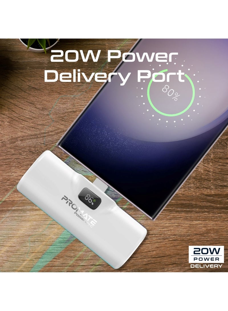 PROMATE - 5000 mAh 5000 mAh Power Bank, Ultra-Compact Portable Charger With Built-In 20W Foldable USB-C Connecter, 20W USB-C Power Delivery Port, LED Screen And Foldable Kickstand For iPhone 16, Galaxy S25, PowerUp-C - White - Image 1